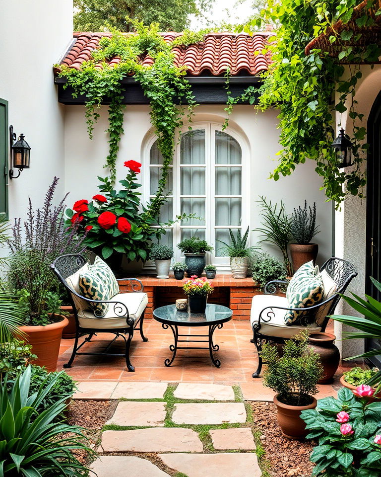 spanish courtyard style seating area design - 20 Front Yard Spanish Style Landscaping Ideas