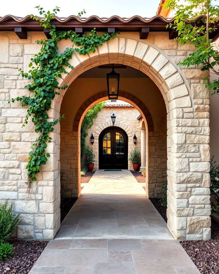 spanish style arched entryway with stone accents - 20 Front Yard Spanish Style Landscaping Ideas