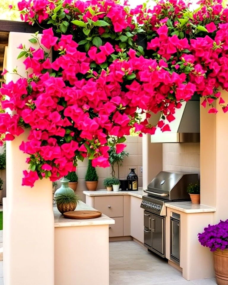 spanish style bougainvillea covered trellis - 20 Spanish Style Outdoor Kitchen Ideas