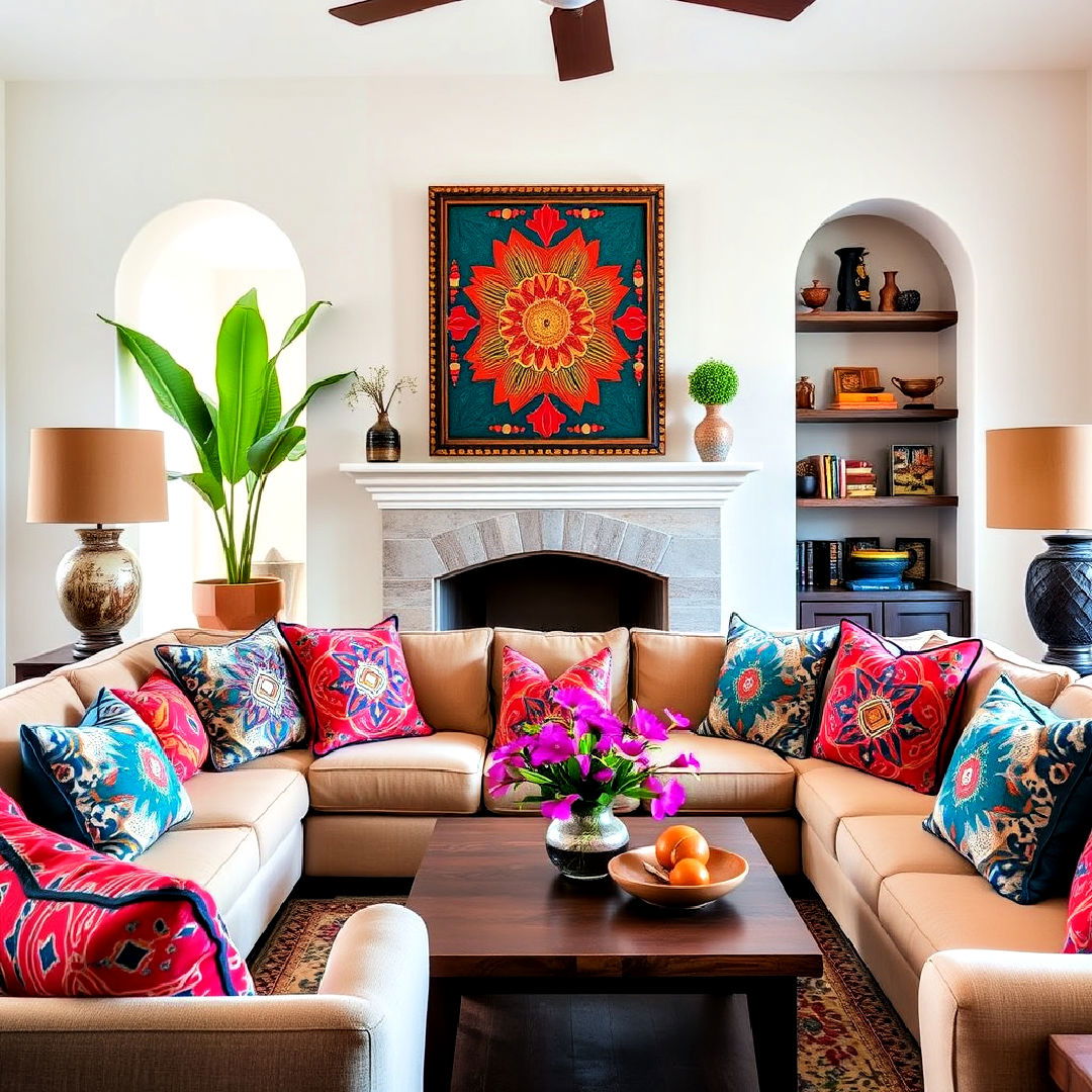 spanish style brightly colored accent pillows - 25 Spanish Style Living Room Ideas