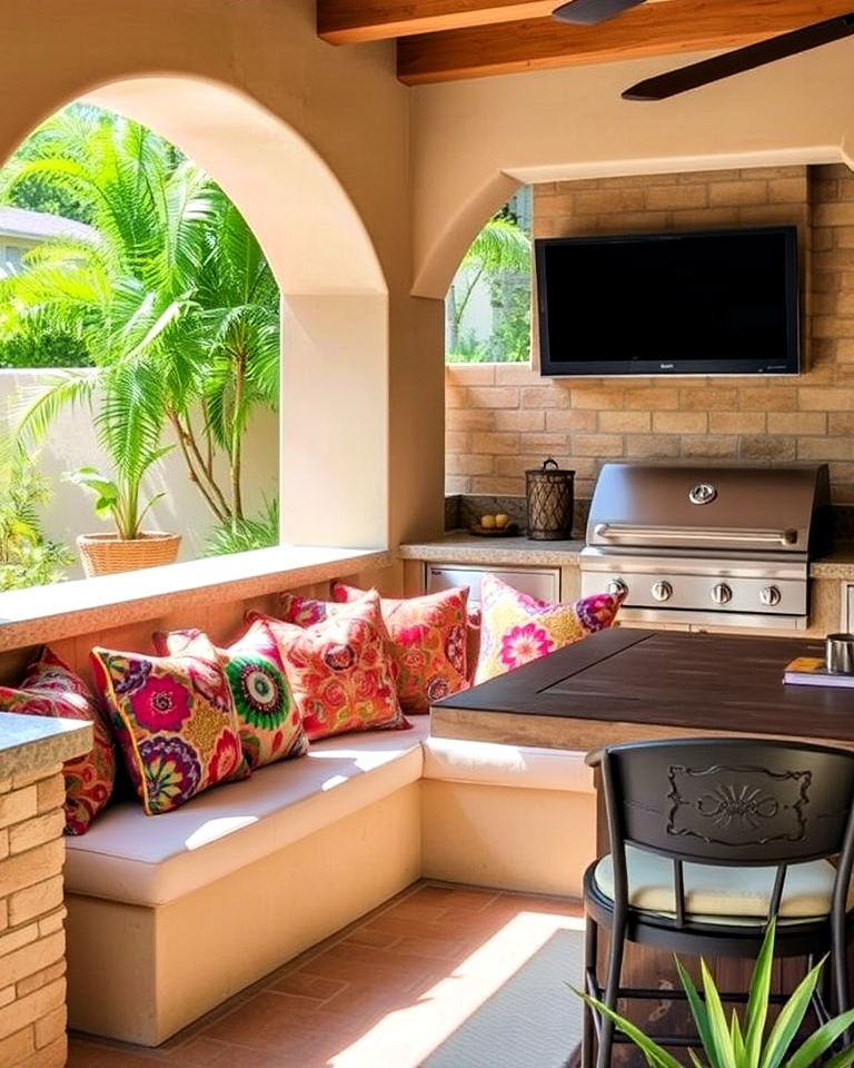 spanish style built in seating with cushions - 20 Spanish Style Outdoor Kitchen Ideas