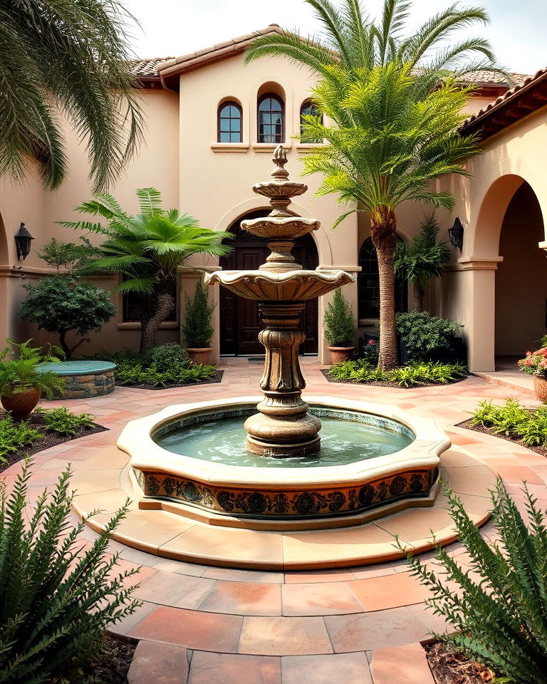 spanish style landscape with courtyard fountain - 20 Front Yard Spanish Style Landscaping Ideas