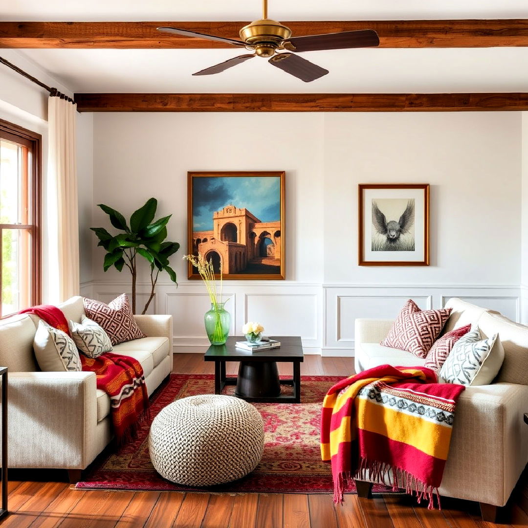 spanish style living room with patterned throw blankets - 25 Spanish Style Living Room Ideas