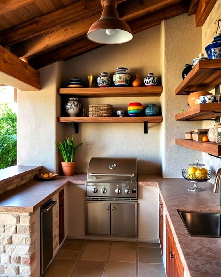 spanish style open shelving with rustic wood - 20 Spanish Style Outdoor Kitchen Ideas