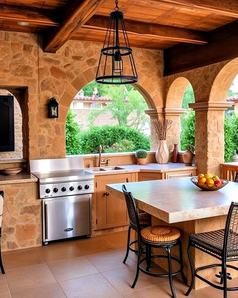 spanish style outdoor kitchen with rustic stone countertops - 20 Spanish Style Outdoor Kitchen Ideas