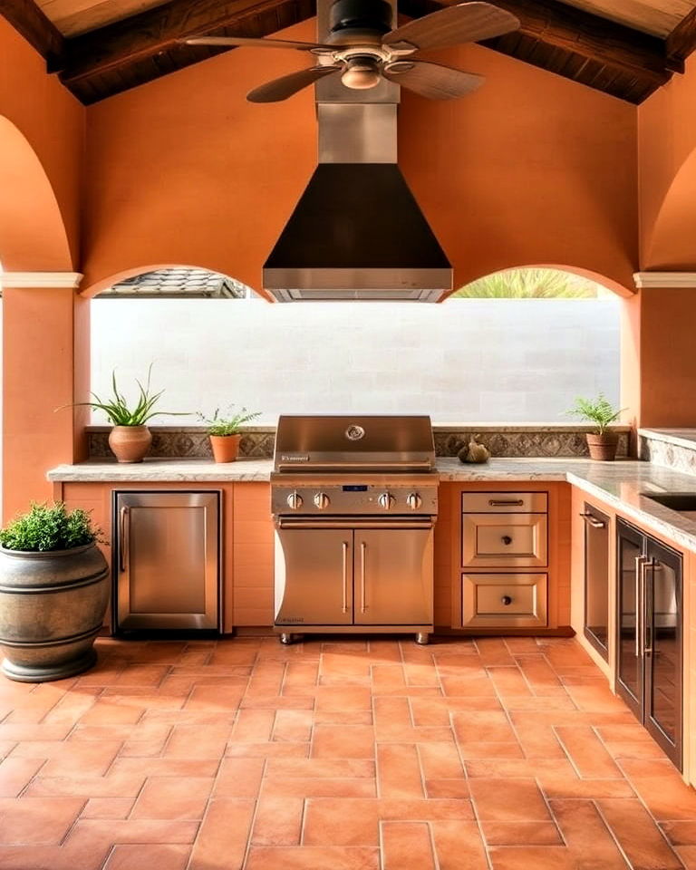 spanish style outdoor kitchen with saltillo tile details - 20 Spanish Style Outdoor Kitchen Ideas