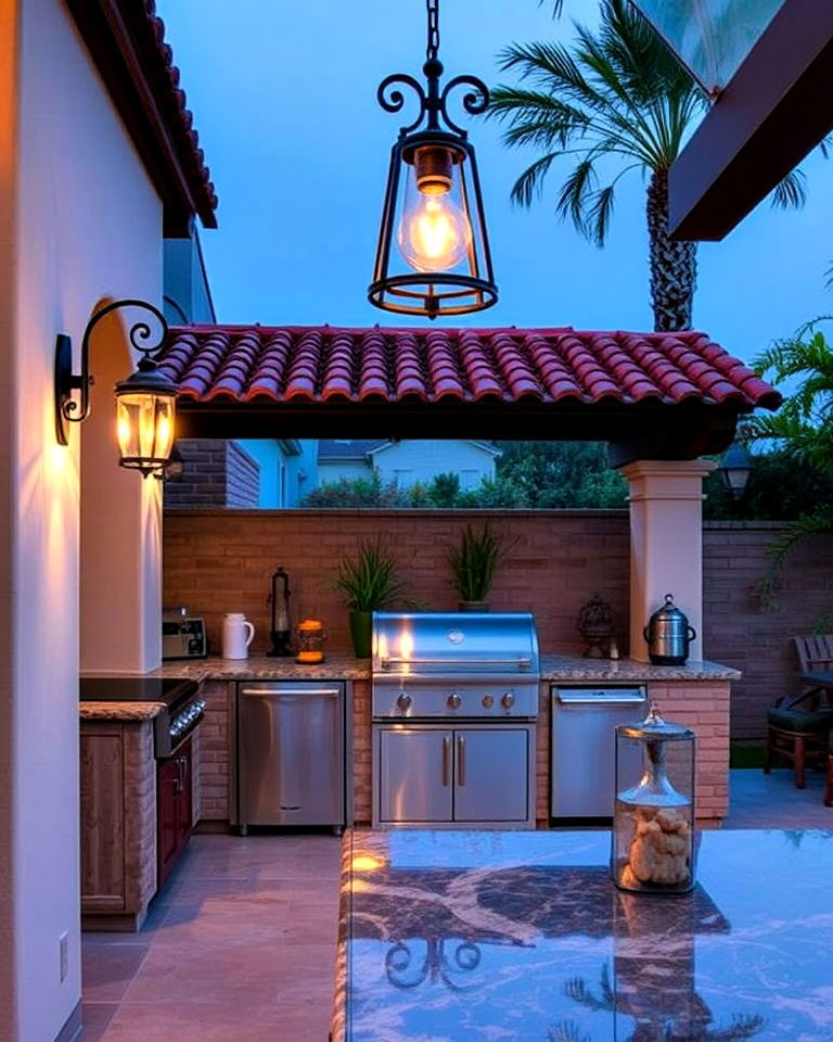 spanish style outdoor kitchen with wrought iron lighting fixtures - 20 Spanish Style Outdoor Kitchen Ideas