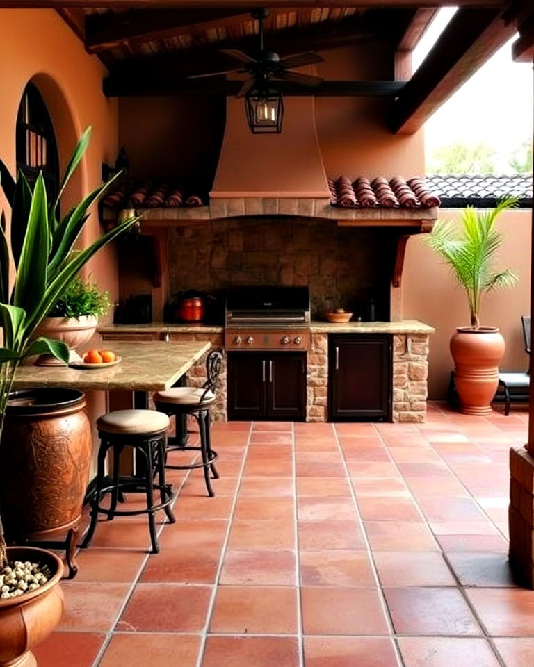 spanish style terracotta tile flooring - 20 Spanish Style Outdoor Kitchen Ideas