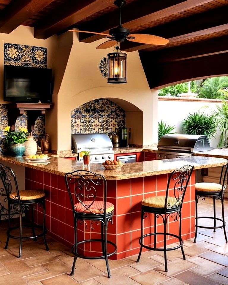 spanish tile accents for outdoor bar - 20 Spanish Style Outdoor Kitchen Ideas