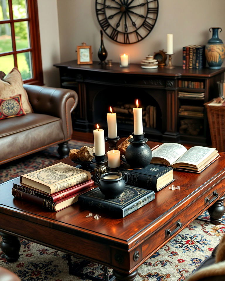 spellbook coffee table decor ideas - 30 Witchy Living Room Ideas