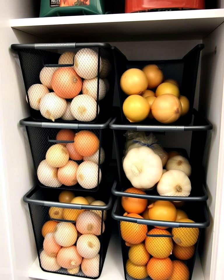 stackable mesh bins to maximize vertical space - 30 Small Pantry Ideas