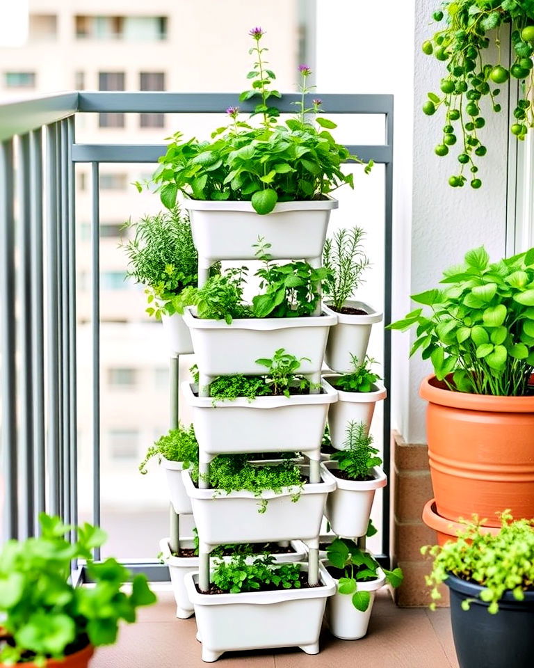 stackable planters to maximize vertical space - 20 Balcony Herb Garden Ideas