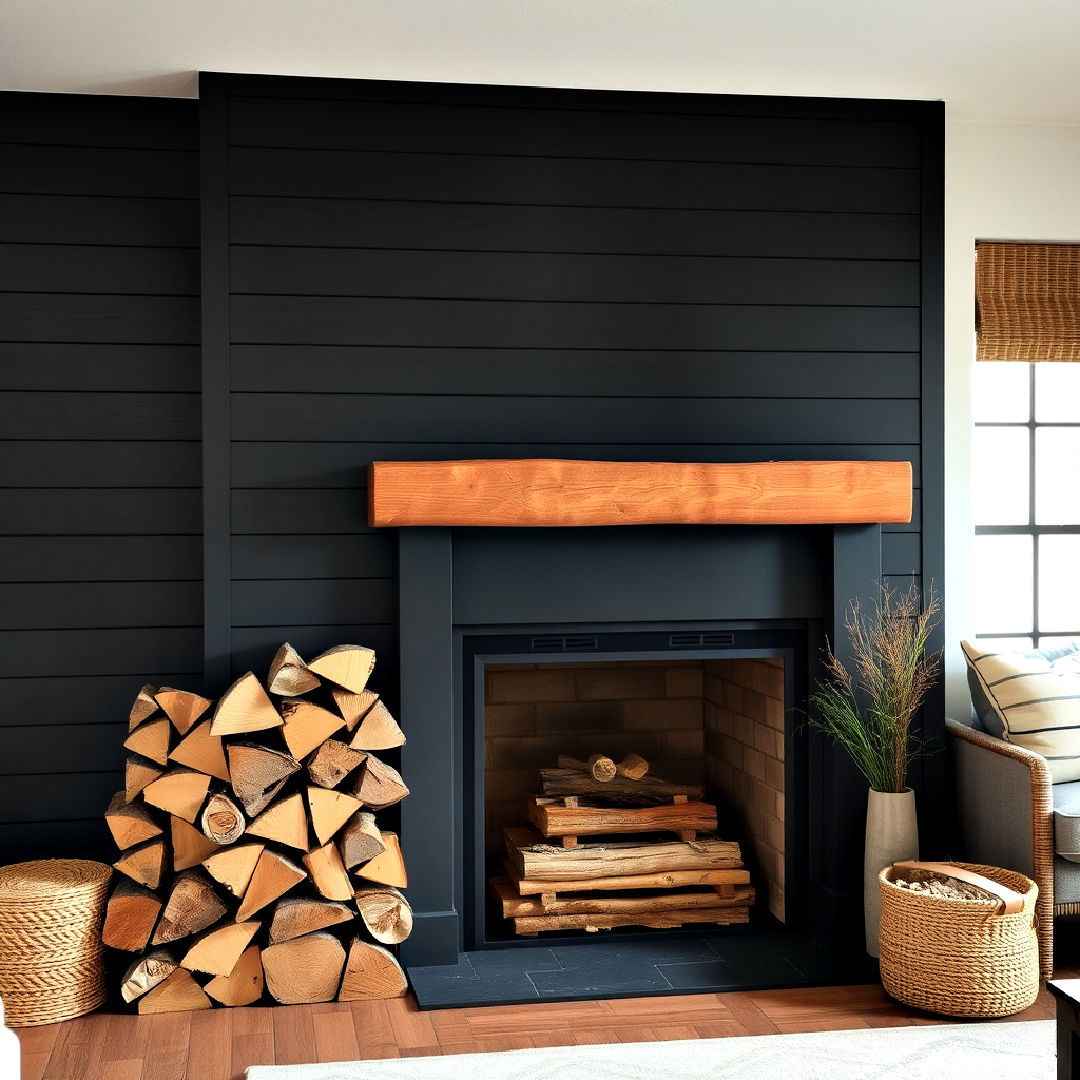 stacked firewood beside fireplace - 40 Black Shiplap Fireplace Ideas