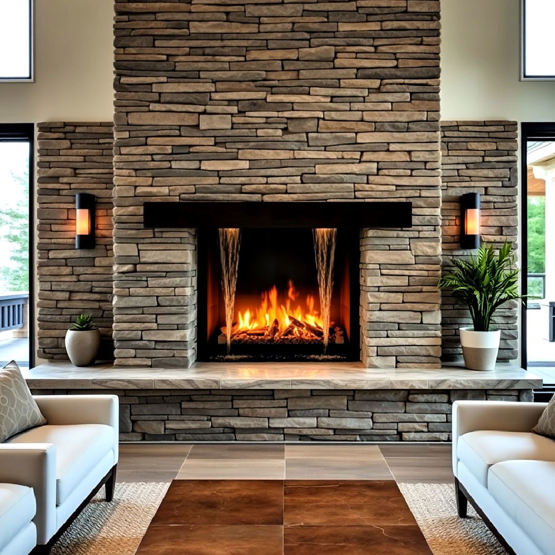 stacked stone fireplace and water feature - 25 Stacked Stone Fireplace Ideas
