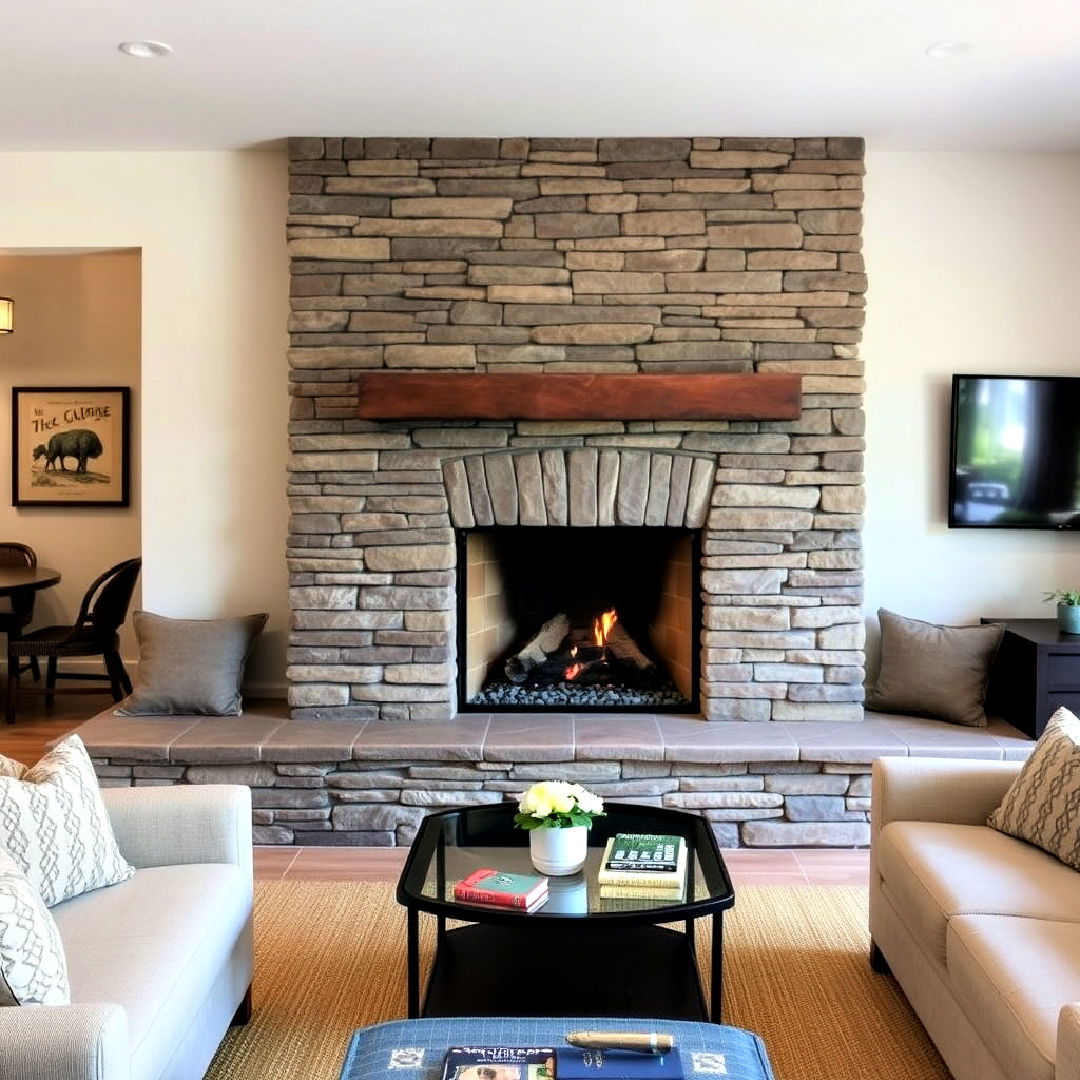 stacked stone fireplace with built in seating - 25 Stacked Stone Fireplace Ideas