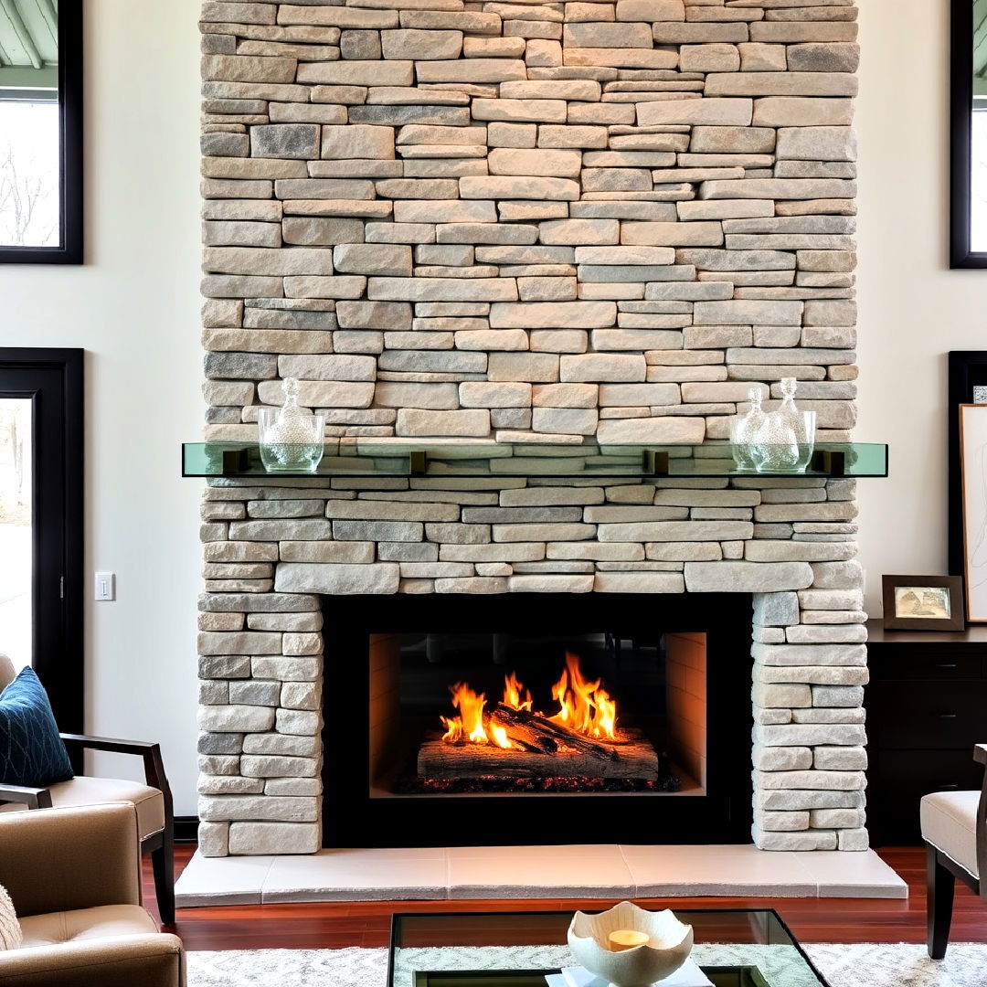 stacked stone fireplace with glass mantel - 25 Stacked Stone Fireplace Ideas