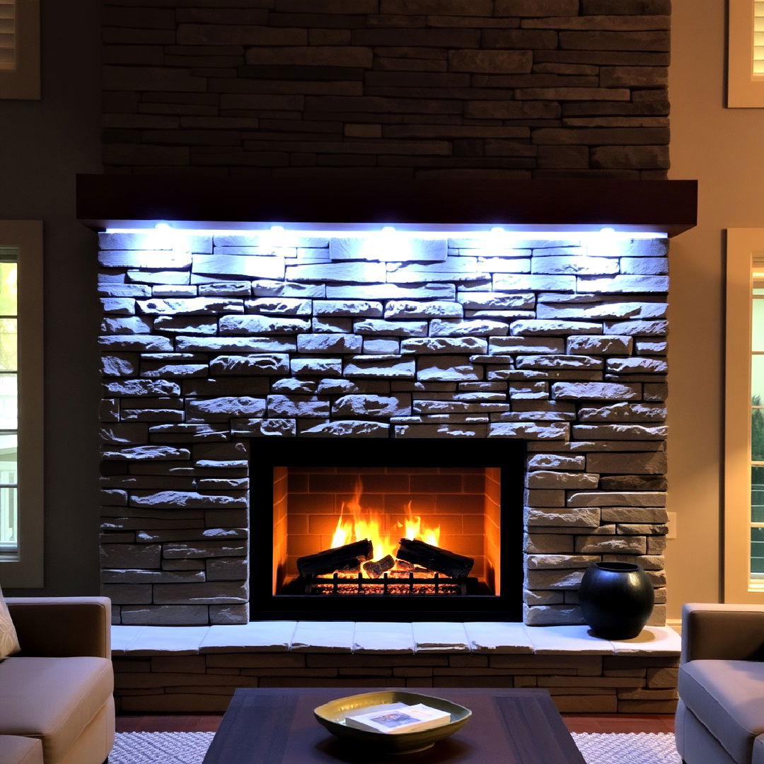 stacked stone fireplace with led lighting - 25 Stacked Stone Fireplace Ideas