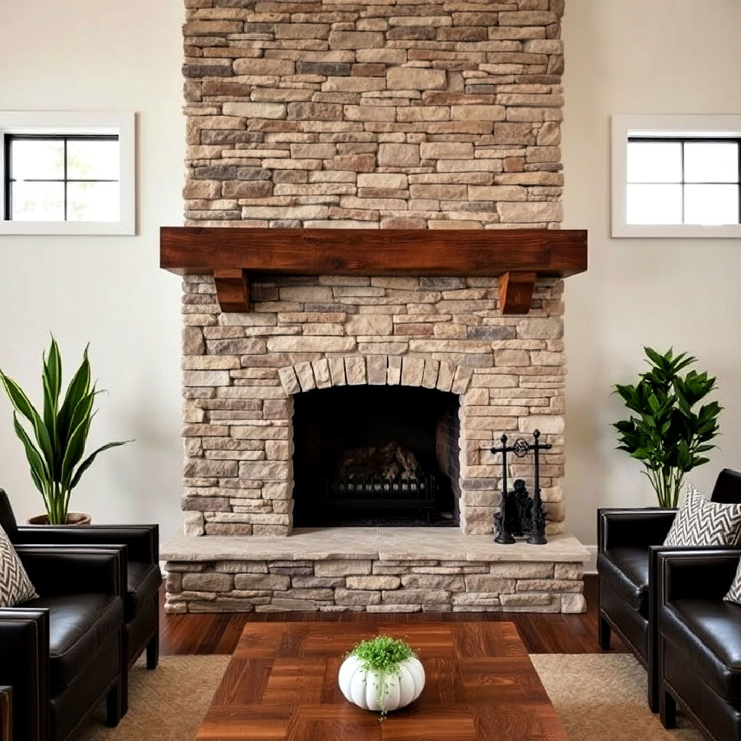 stacked stone fireplace with reclaimed wood mantel - 25 Stacked Stone Fireplace Ideas