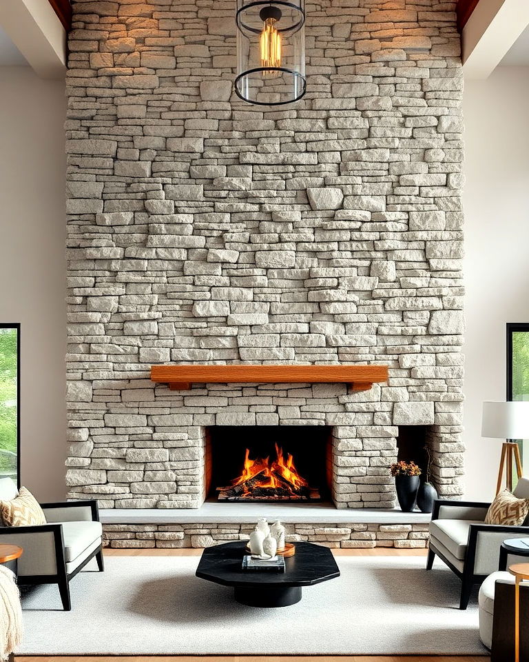 stacked stone floor to ceiling fireplace - 20 Floor-to-Ceiling Stone Fireplace Ideas
