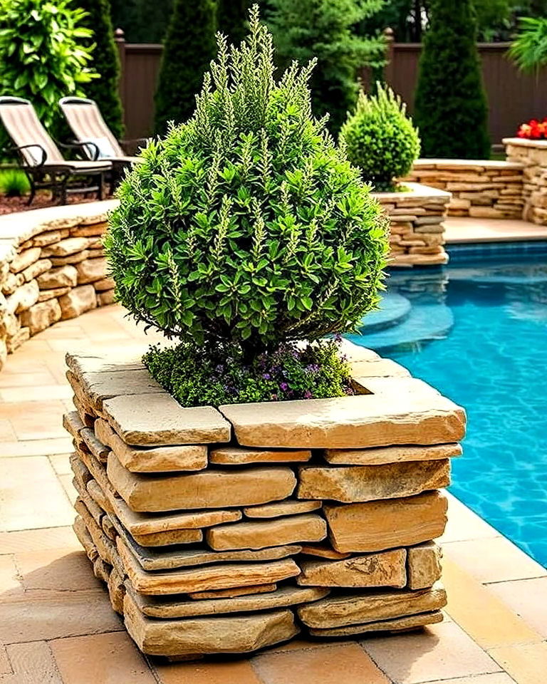 stacked stone planters for poolside landscaping - 30 Pool Planter Ideas