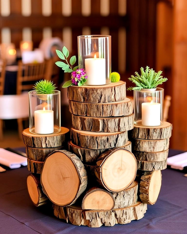 stacked wooden slices as centerpiece - 30 Rehearsal Dinner Centerpiece Ideas