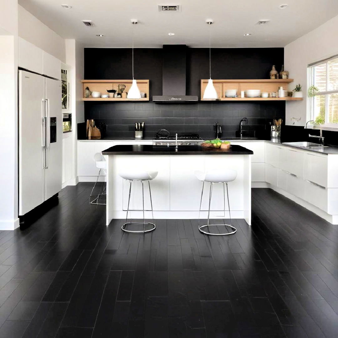 stain resistant black flooring - 40 Black Kitchen Ideas
