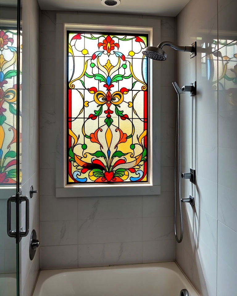 stained glass accents for shower window - 30 Shower Window Ideas
