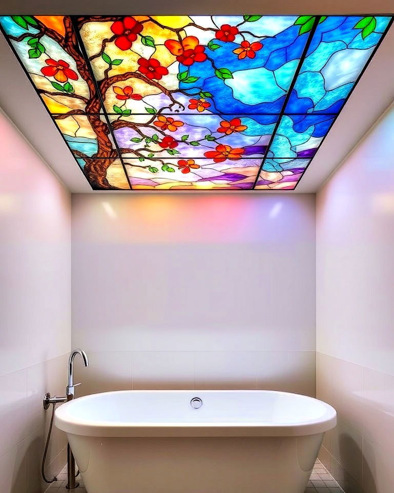 stained glass ceiling panels above bathtub - 20 Stained Glass Bathtub Ideas