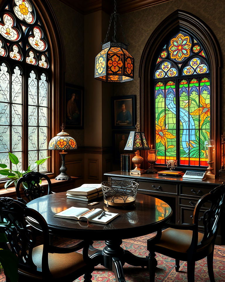 stained glass decor to add gothic touch - 20 Dark Academia Home Office Ideas
