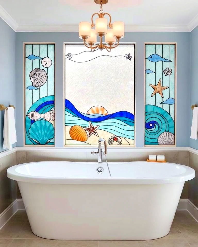 stained glass panels with coastal motifs - 20 Stained Glass Bathtub Ideas