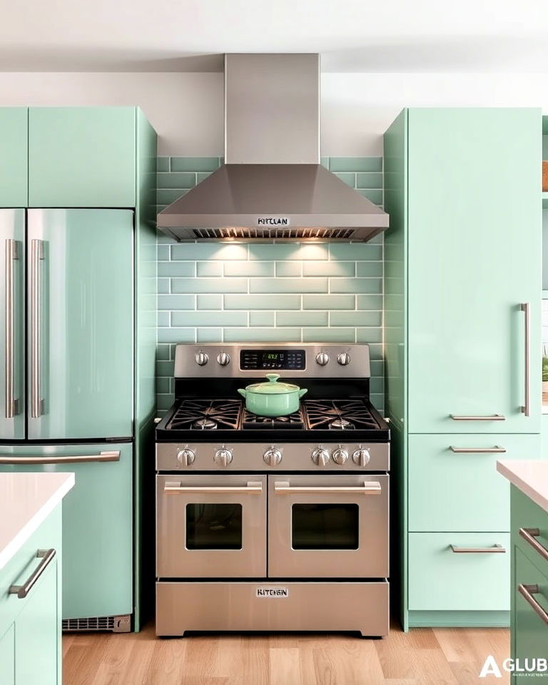 stainless steel accents and mint green appliances - 30 Mint Green Kitchen Ideas