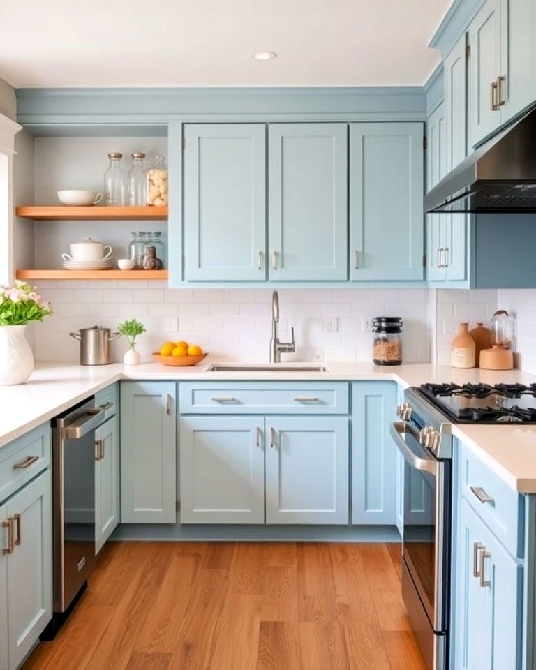 stainless steel accents for ice blue cabinets - 30 Blue Farmhouse Kitchen Cabinets