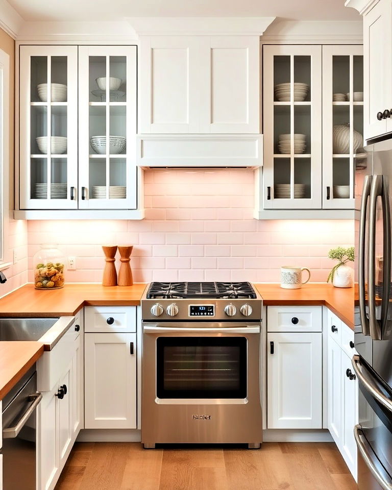 stainless steel appliances and glass front white cabinets - 25 White Kitchen with Stainless Steel Appliances Ideas
