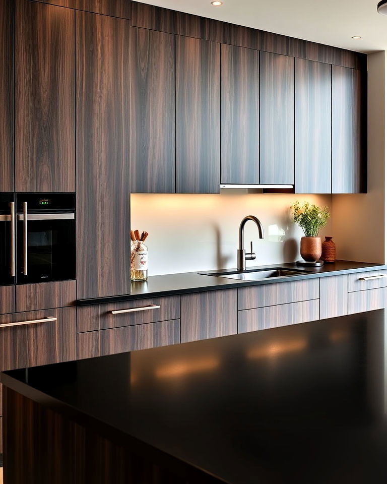 stainless steel countertops for dark brown veneer cabinets - 25 Brown Kitchen Cabinets With Black Countertops