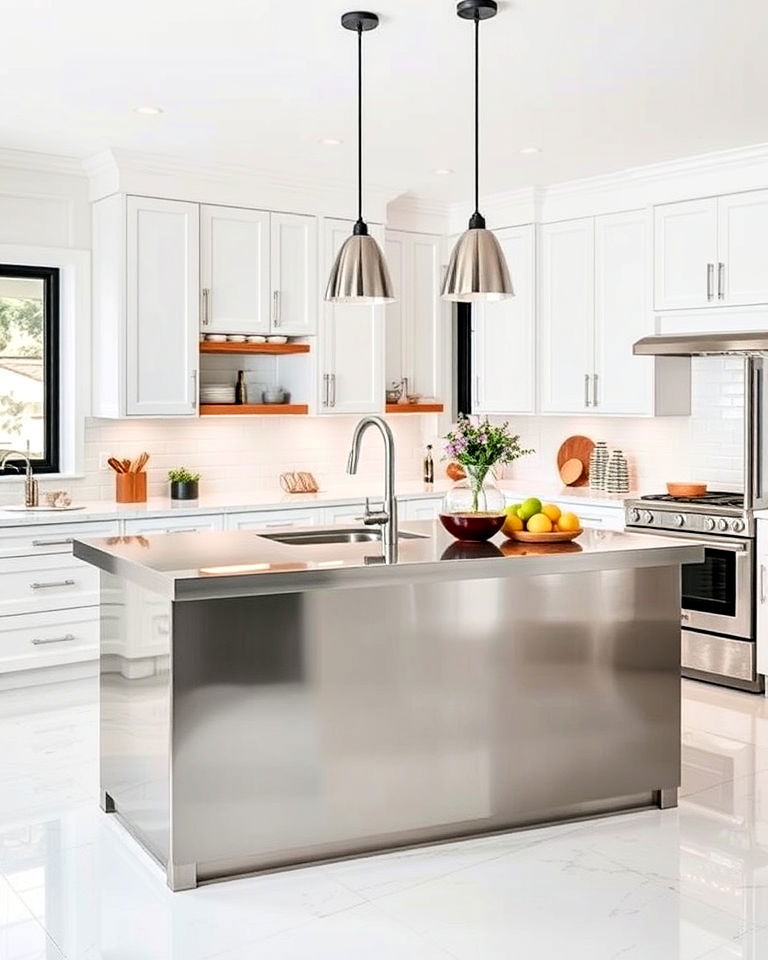 stainless steel island in white kitchen - 25 White Kitchen with Stainless Steel Appliances Ideas