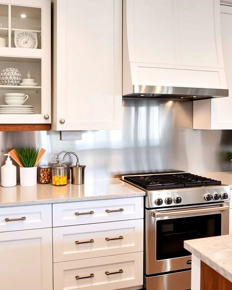 stainless steel panels backsplash and white cabinets - 40 Kitchen Backsplash Ideas for White Cabinets