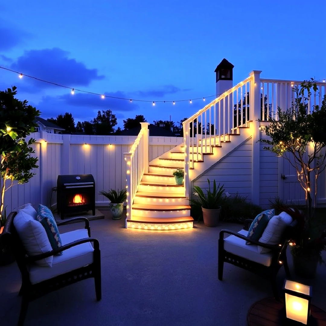 staircase with rustic rope lights - 40 Patio String Light Ideas