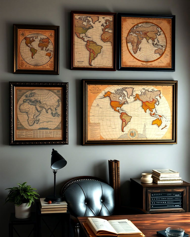 statement aged maps for historical interest - 20 Dark Academia Home Office Ideas