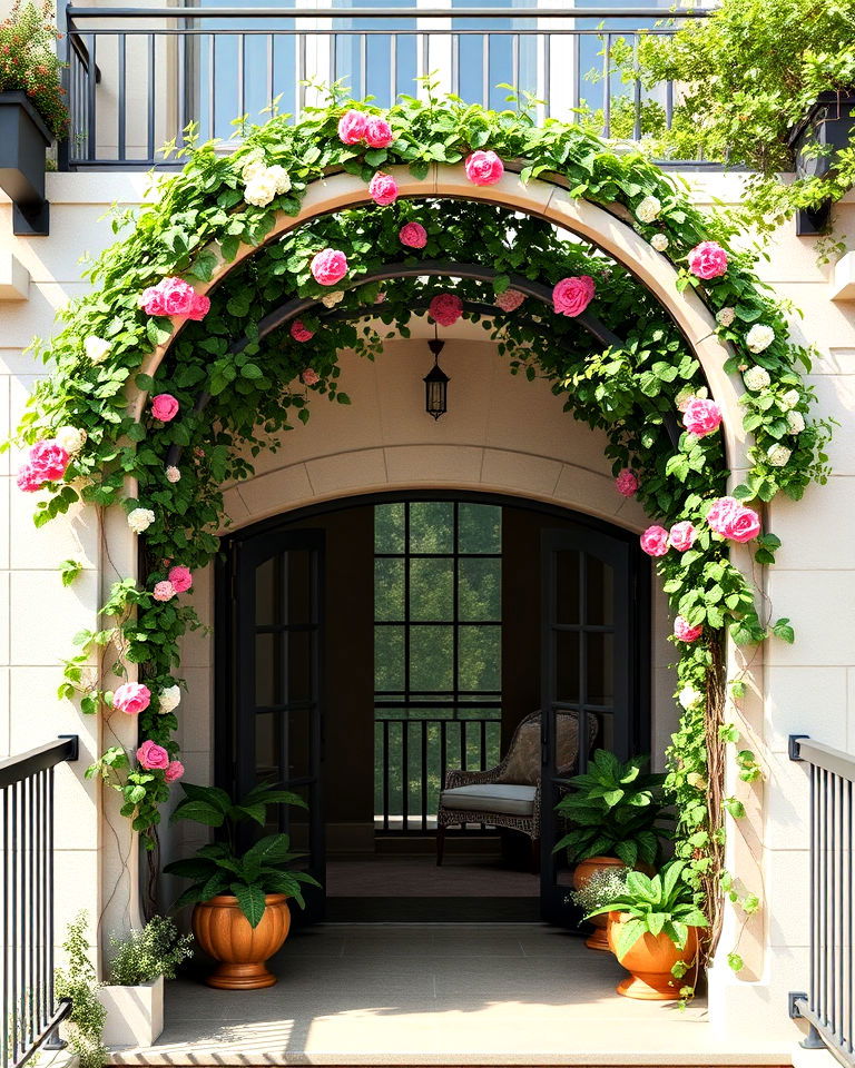 statement arched trellis for balcony entrance - 20 Balcony Trellis Ideas