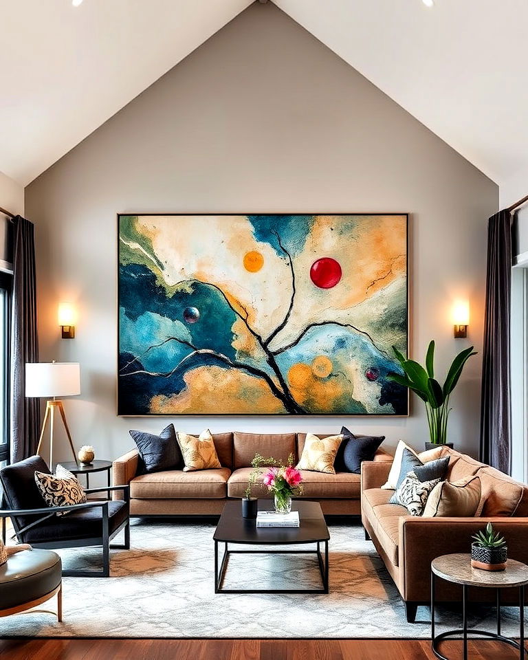 statement artwork for open concept vaulted ceiling living room - 20 Open Concept Vaulted Ceiling Living Room Ideas