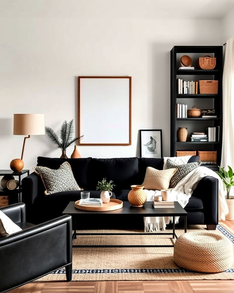 statement black furniture for boho living room - 20 Black and White Boho Living Room Ideas