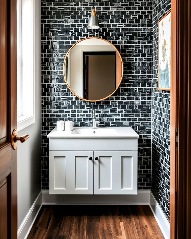 statement black mosaic tiles - 25 Black Powder Room Ideas