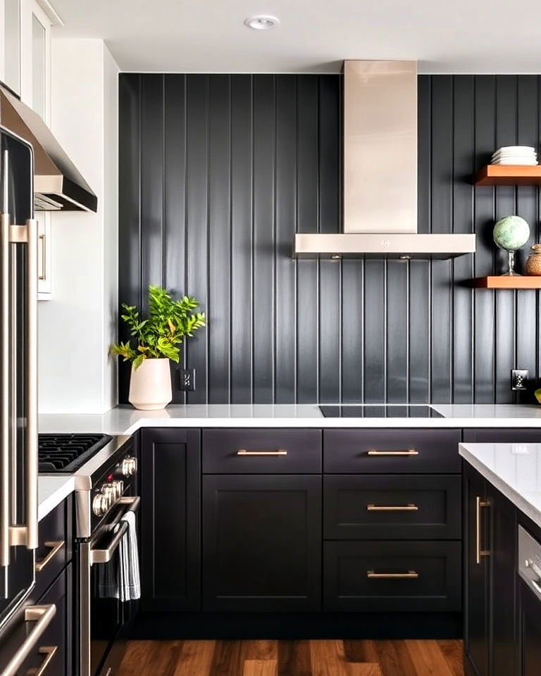 statement black shiplap backsplash - 30 Shiplap Backsplash Ideas for Your Kitchen