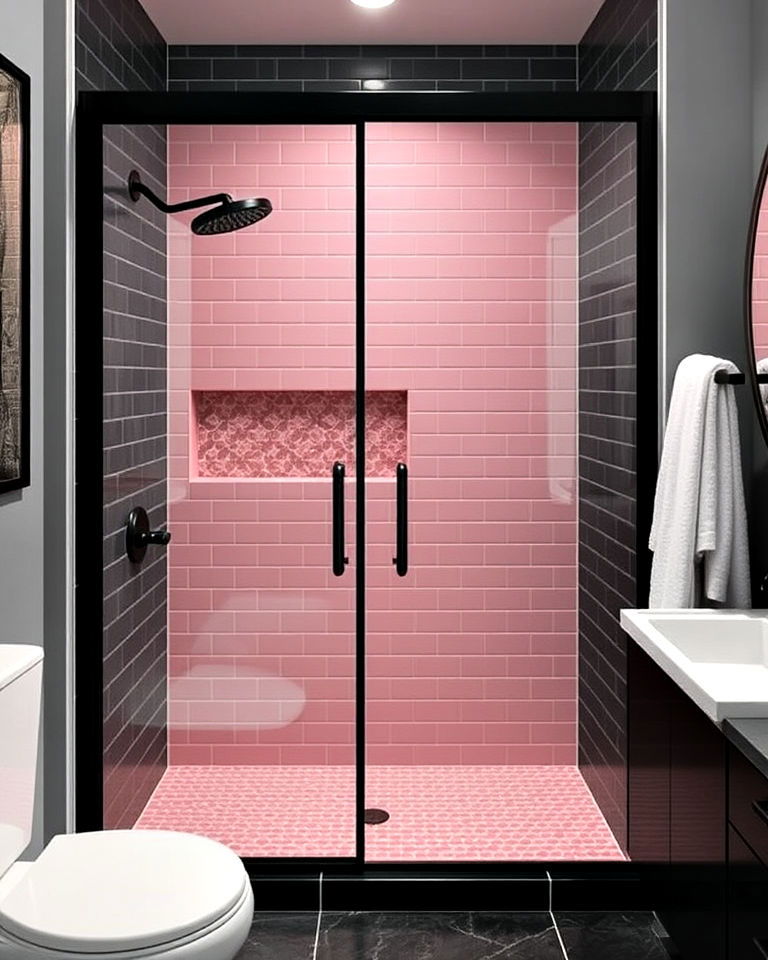 statement black shower with pink tile accents - 25 Pink and Black Bathroom Ideas