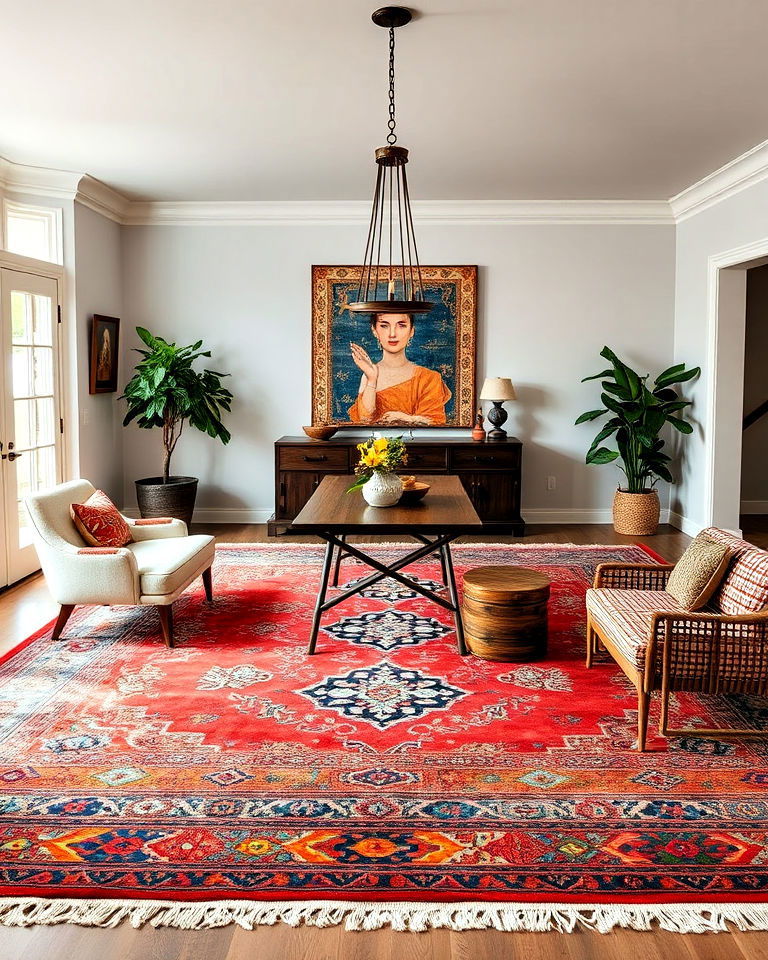 statement boho rug to ground the space - 30 Bohemian Maximalist Decor Ideas