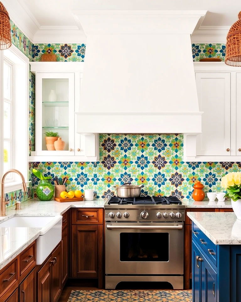 statement bold tile patterns design - 20 Tropical Kitchen Ideas