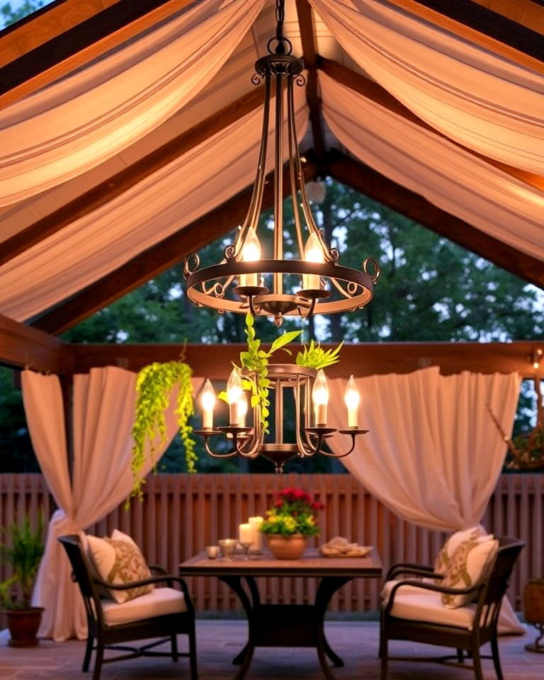 statement chandelier in a gazebo - 40 Garden Lighting Ideas