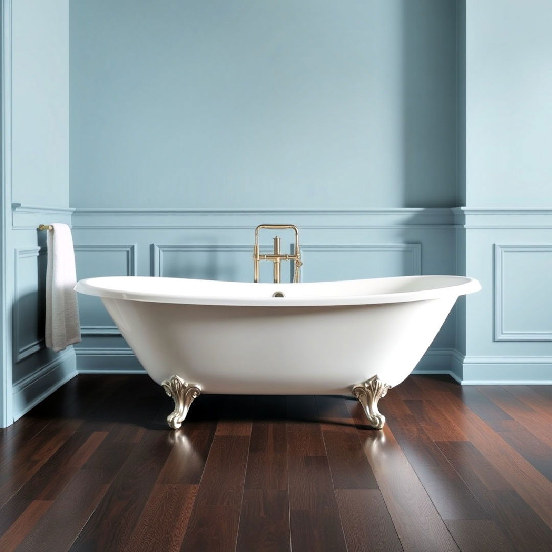 statement clawfoot bathtub - 25 Dark Wood Floor Bathroom Ideas