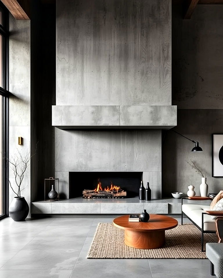 statement concrete fireplace design - 20 Brutalism Interior Design Ideas