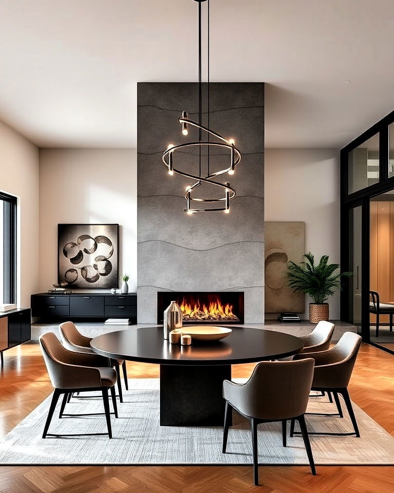 statement fireplace in contemporary dining room - 30 Dining Rooms With Fireplaces